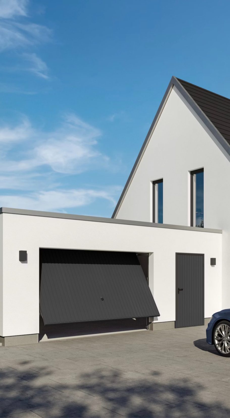 Moderne Hausfassade mit Garagentor, Tür und blauer Himmel.